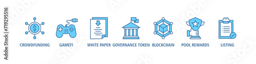 IGO banner web icon set vector illustration concept of initial game offering with icon of crowdfunding, gamefi, white paper, governance token, blockchain, pool rewards and listing