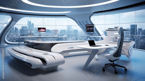 A high-tech office with a futuristic desk and ergonomic seating © Wardx