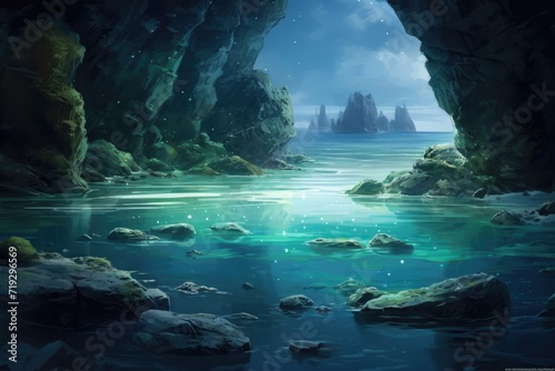 Moonlit Reflections, Fantasy Landscape with Cave and Sea