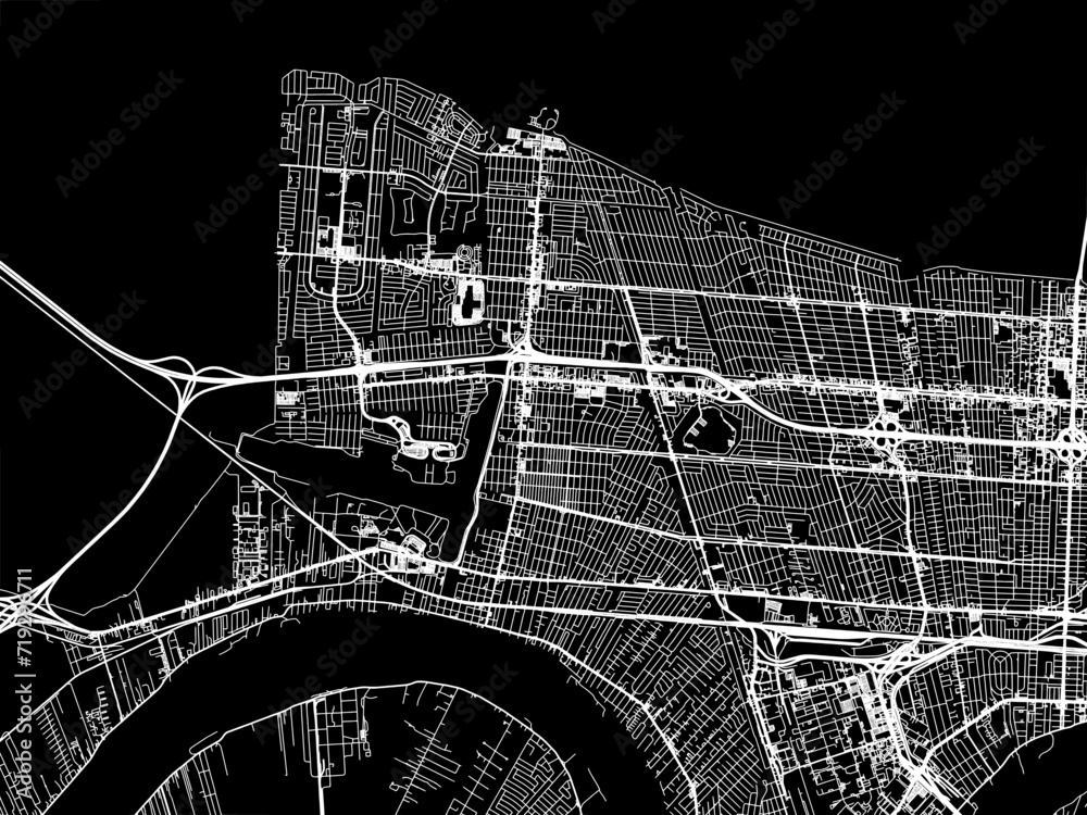 Vector road map of the city of Kenner  Louisiana in the United States of America with white roads on a black background.