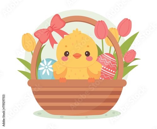 Easter Basket with chicken. A little chicken sits in a basket with Easter eggs and tulips. Graphics in flat vector style.