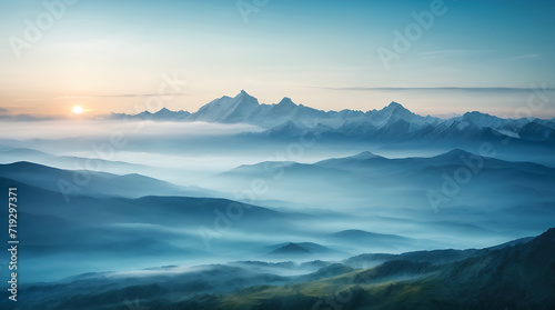 Foggy morning panoramic view of the mountains. Beautiful realistic vector landscape