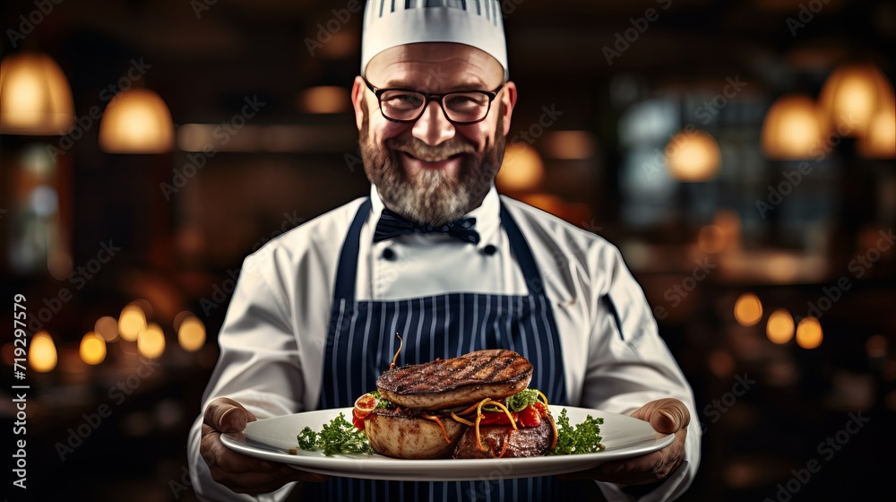 A meat steak is being presented by the chef