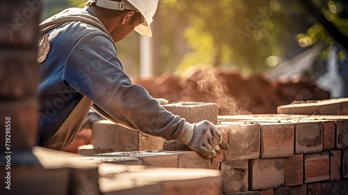An industrial worker who works as a bricklayer is installing brick masonry on the exterior wall of a new house.