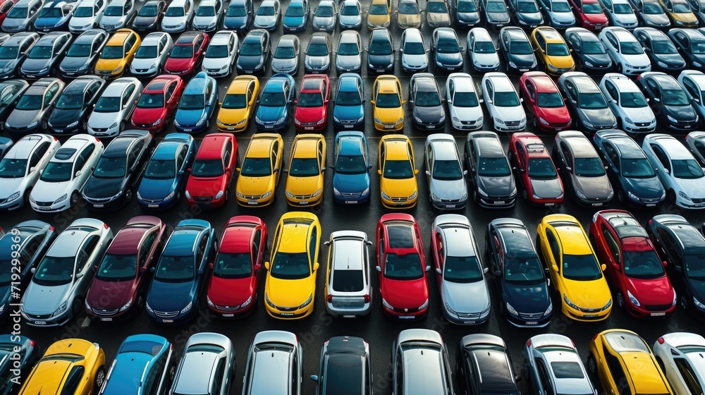 Fototapeta premium Patterned Array of Parked Cars in an Extensive Lot