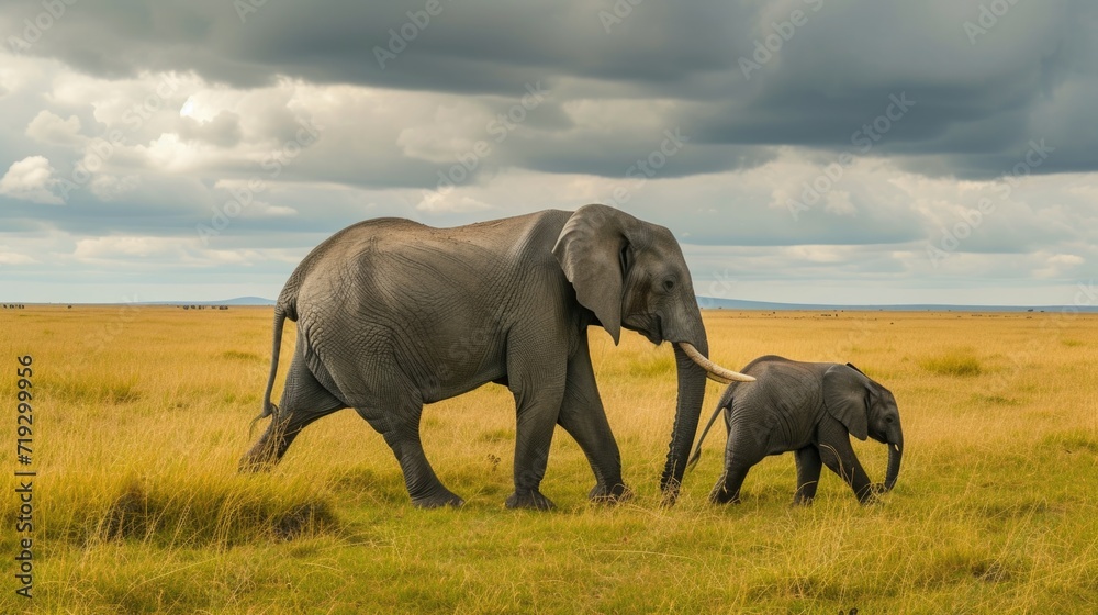 Fototapeta premium Majestic African Elephants Walking in the Savannah Under Stormy Sky