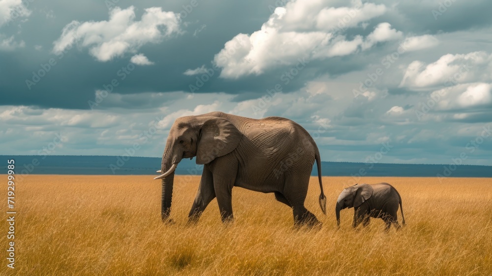 Majestic African Elephants Walking in the Savannah Under Stormy Sky