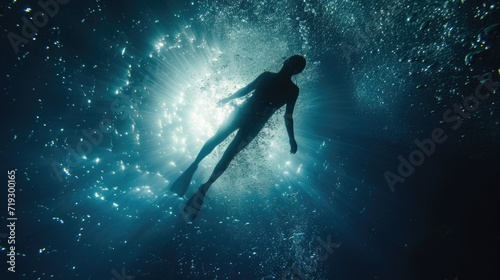 Underwater Tranquility: Diver Silhouetted Against Streaming Sunlight Under the Ocean