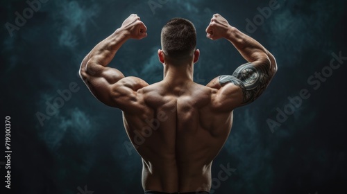 Strength Defined: Muscular Tattooed Man Flexing His Powerful Back Muscles