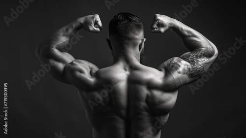 Strength Defined: Muscular Tattooed Man Flexing His Powerful Back Muscles