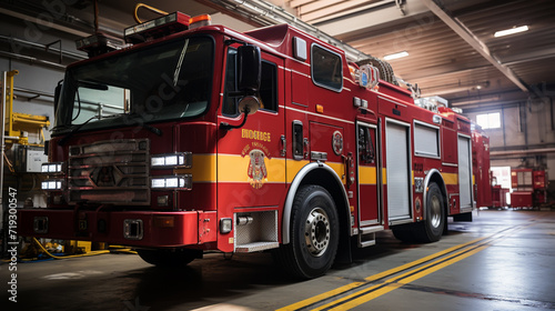 Fire station garage with red truck leaving box. Municipal city service, emergency department hangars car in firehouse illustration