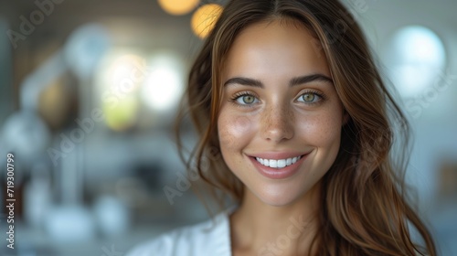 Portrait of a young woman with a gentle smile and soft, natural makeup