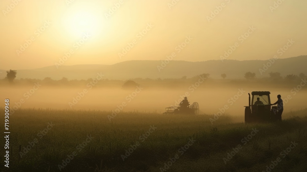 Farmers Working with Tractor in Field at Sunset, Dust Filling the Air Farmers Working with Tractor in Field at Sunset, Dust Filling the Air