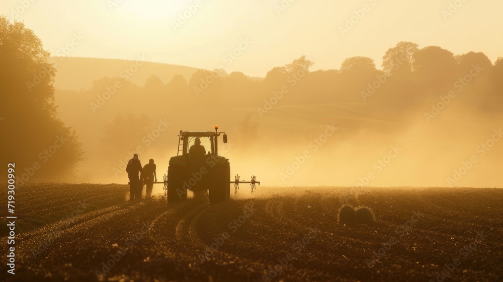 Fototapeta premium Farmers Working with Tractor in Field at Sunset, Dust Filling the Air