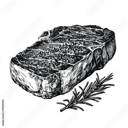 hand drawn illustration of beef steak served with rosemary, black and white ink illustration isolated on white background, vector art
