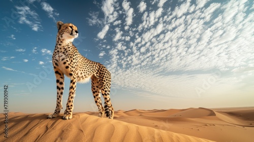 Majestic Cheetah Standing on a Sand Dune Overlooking the Desert