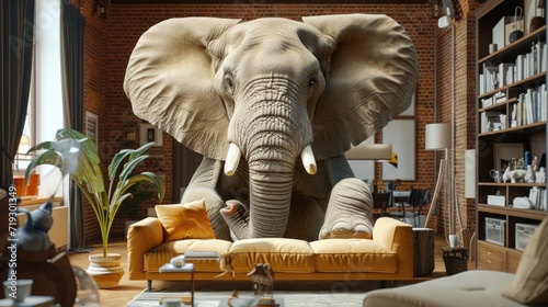 Surreal Concept of an Elephant in a Living Room Signifying Big Ideas