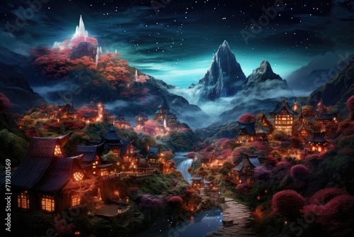 Midnight Glow, Mystical Village Among Crystal Trees © MrHamster