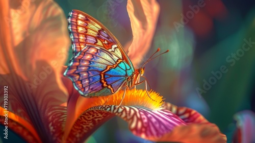 A close-up view of an iridescent butterfly perched on a vibrant iris, showcasing the intricate patterns on its wings. 8K.