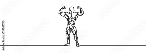 Continuous one line drawing of a weightlifter. Strong muscular man. One line illustration.
