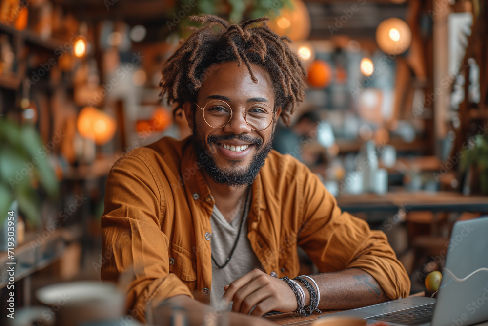 Man working on laptop, freelancer at table, man with glasses smiling and sitting sideways Man working on laptop, freelancer at table, man with glasses smiling and sitting sideways