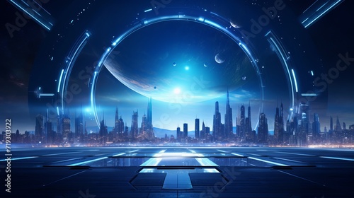 A room that is empty, dark, and has a 3d illustration of a modern futuristic sci-fi background.