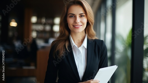 An image of a cheerful businesswoman in an office holding the handle while writing in a notebook.