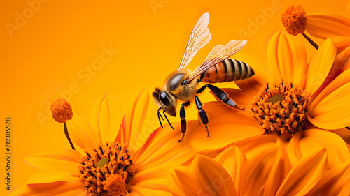 A bee collects nectar from flowers on an orange background © Tereza