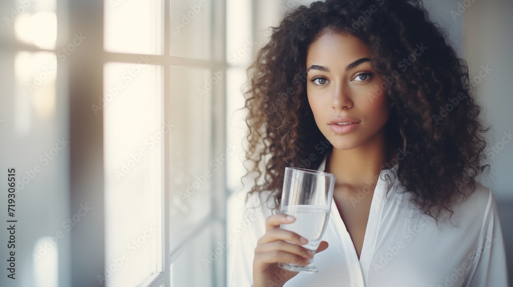 Woman drink water start new day with healthy life habit, Female holding glass drinking clean mineral natural still water in living room at home morning, Lifestyle healthcare concept, generative ai Woman drink water start new day with healthy life habit, Female holding glass drinking clean mineral natural still water in living room at home morning, Lifestyle healthcare concept, generative ai