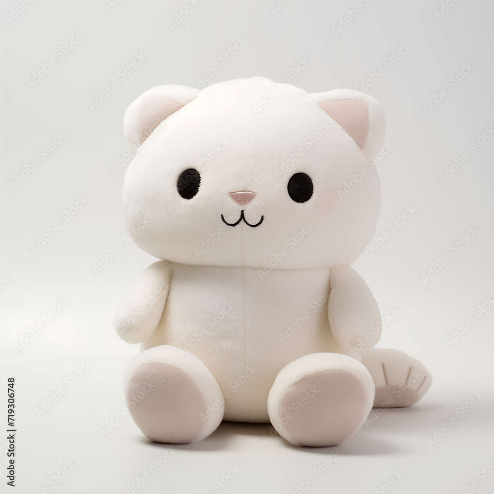 Stuffed cat. Plain background.
