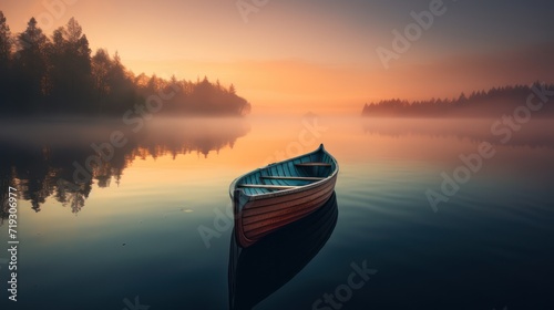 Canoe wooden boat on a calm misty lake in the middle of a mountain forest. 