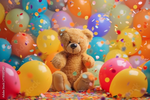 Teddy bear surrounded by colorful balloons and confetti creating a festive and celebratory atmosphere
