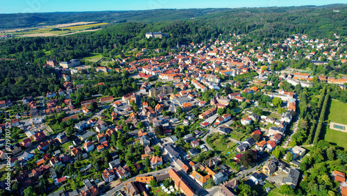 Aeriel around the old town of the city blankenburg in Germany on a morning summer day