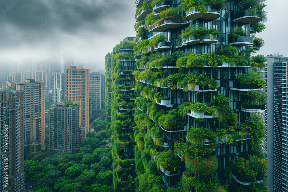 Buildings covered with plants and vertical gardens in smart city. Eco-friendly sustainable architecture, ecological construction, reducing carbon emission footprint and pollution concept