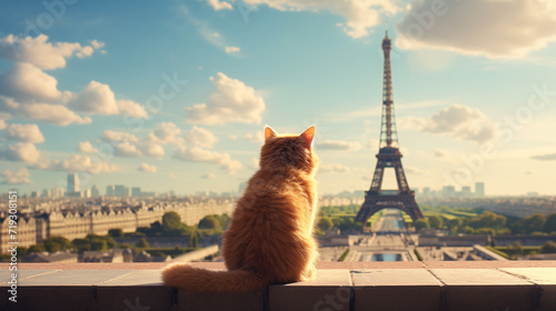 lonely cat sits and looks at the eiffel tower in paris