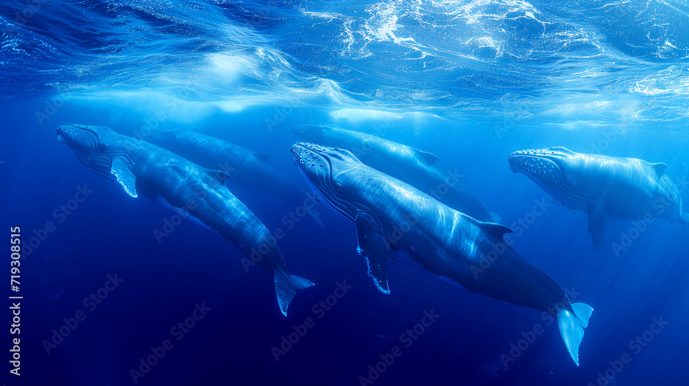 Fototapeta premium Five whales swim gracefully underwater, with light from the water's surface casting a beautiful glow on their bodies