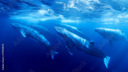 Five whales swim gracefully underwater, with light from the water's surface casting a beautiful glow on their bodies © weerasak