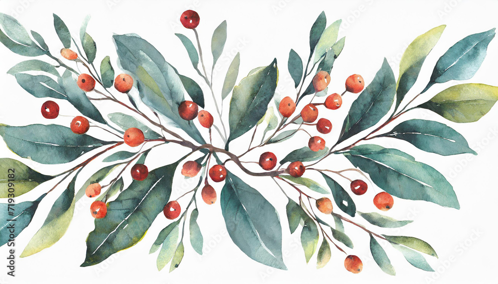 watercolor twigs with leaves and berries. Holidays design Illustration watercolor twigs with leaves and berries. Holidays design Illustration