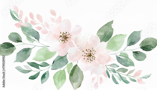 Watercolor light pink flowers and green leaves illustration, romantic wedding menu template