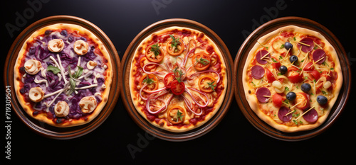 a series of images of different types of pizza, in the style of aerial view, rounded, shaped canvas, repetitive


