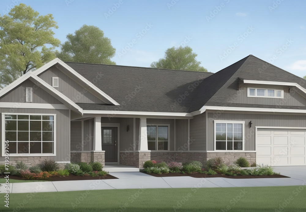 A gray ranch style model house A gray ranch style model house