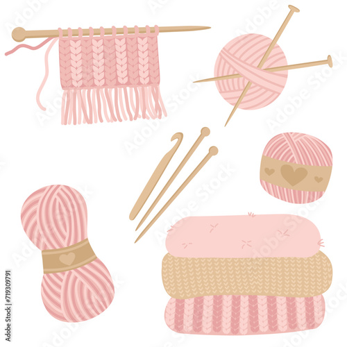 Vector set of knitting accessories. Knitting needles, ball of yarn and knitting needles.