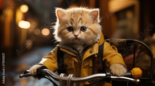 Cute cat driving a motorbike delivery service in city, Pizza and food delivery, generative ai photo