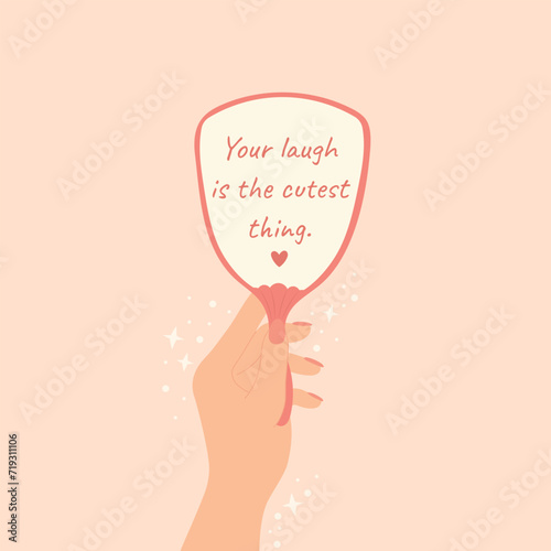 Concept of self love. Woman's hand holding mirror. Motivational quote self love positive mind concept. Motivation, inspiration, compliments, acceptance concept. Cartoon vector illustration.