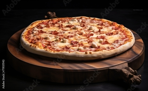 pizza on a wooden base on a dark background, in the style of alla prima, marble, polished concrete, natural, red and beige, high definition, spatial