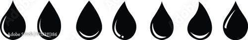 Water drops icons black set. Water drop shape. Flat droplet shapes, Flat droplet logo shapes, Drop Object, Drop Picture, Drop Image - stock vector, Plumbing logo. Isolated on transparent background.