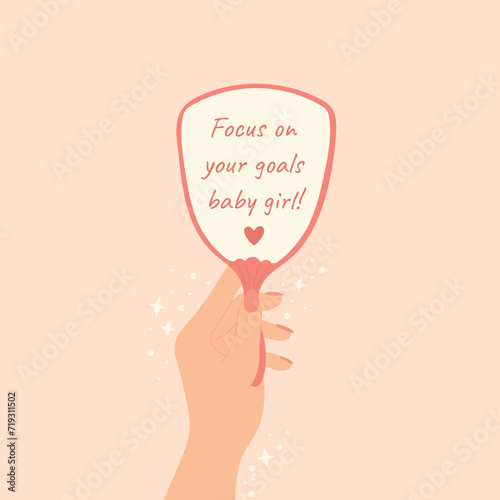 Concept of self love. Woman's hand holding mirror. Motivational quote self love positive mind concept. Motivation, inspiration, acceptance concept. Cartoon vector illustration.