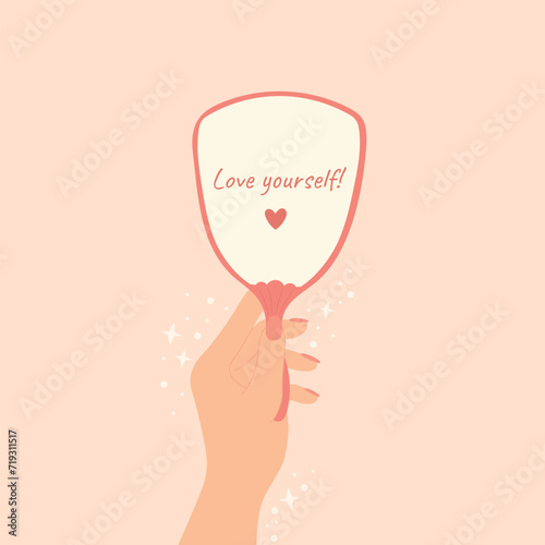 Concept of self love. Woman's hand holding mirror. Motivational quote self love positive mind concept. Motivation, inspiration, acceptance concept. Cartoon vector illustration.