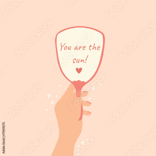 Concept of self love. Woman's hand holding mirror. Motivational quote self love positive mind concept. Motivation, inspiration, compliments, acceptance concept. Cartoon vector illustration.