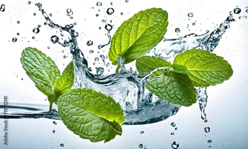 Mint leafs in water splash photo